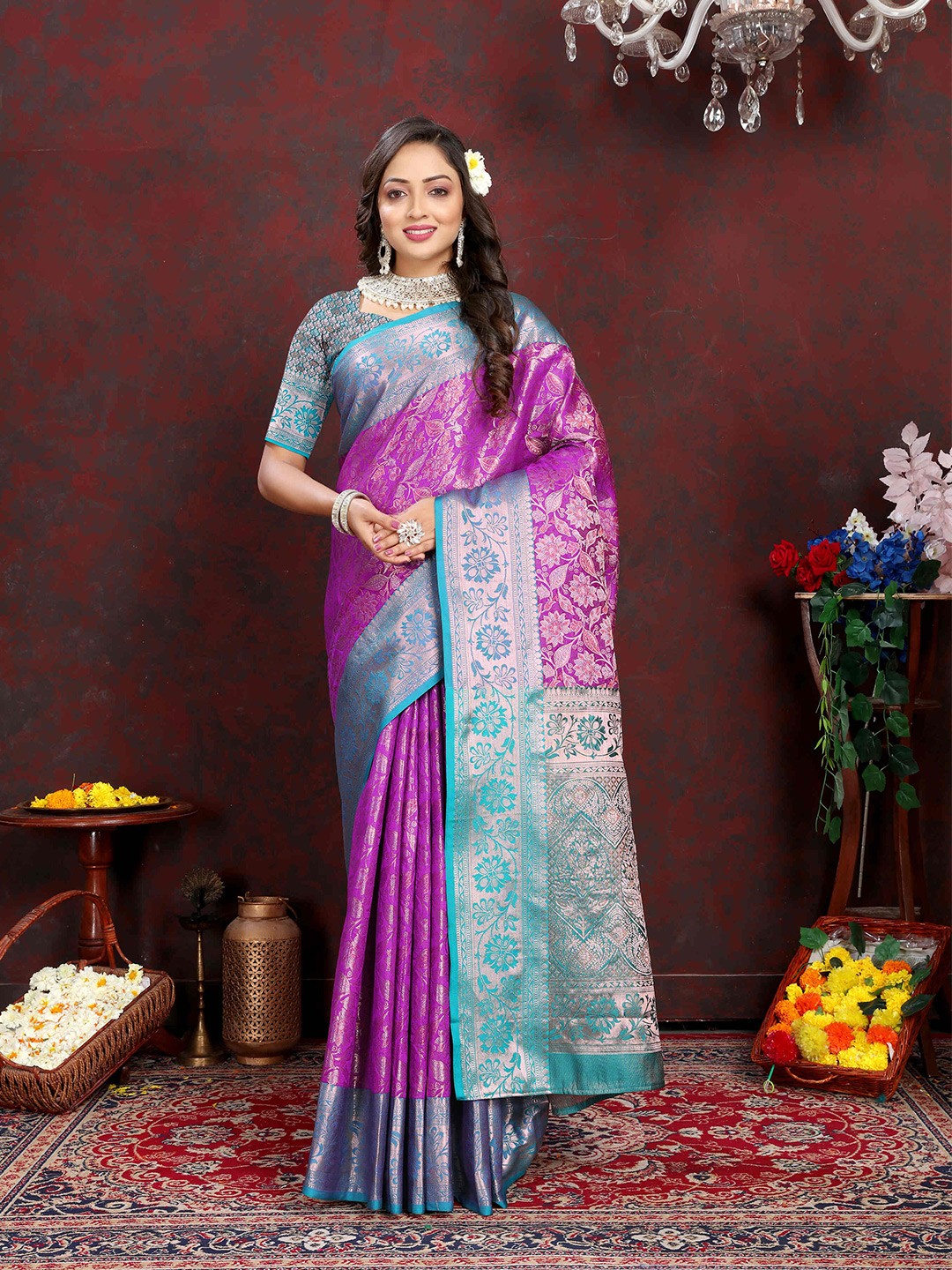 

PHEASANT Ethnic Motifs Zari Silk Blend Kanjeevaram Saree, Purple