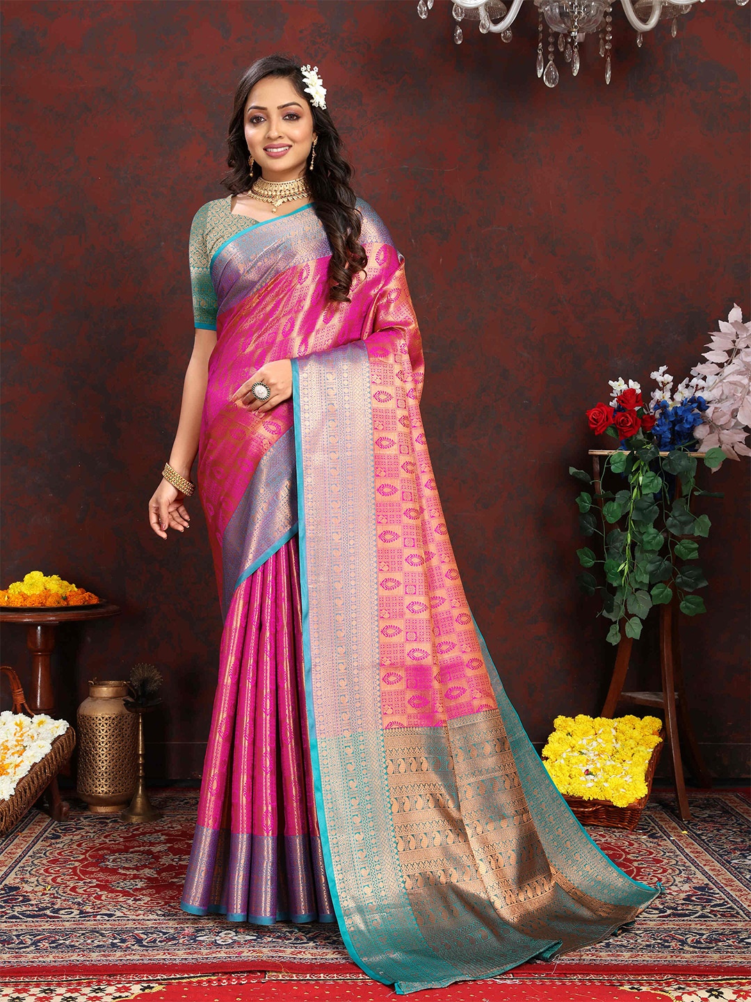 

PHEASANT Woven Design Zari Silk Blend Kanjeevaram Saree, Pink