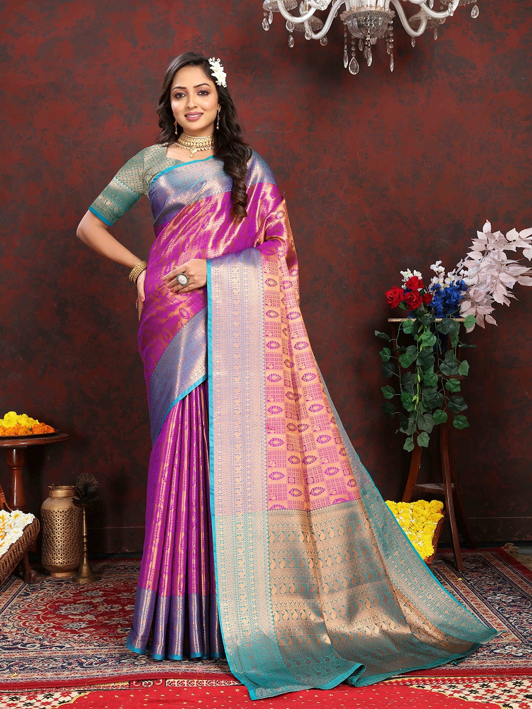 

PHEASANT Ethnic Motifs Zari Silk Blend Kanjeevaram Saree, Purple