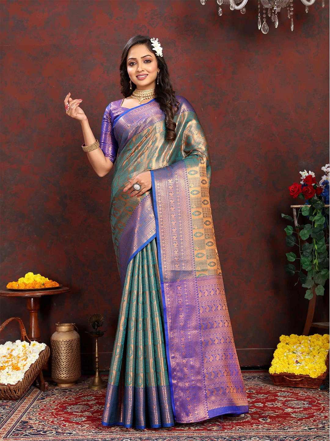 

PHEASANT Ethnic Motifs Zari Silk Blend Kanjeevaram Saree, Purple