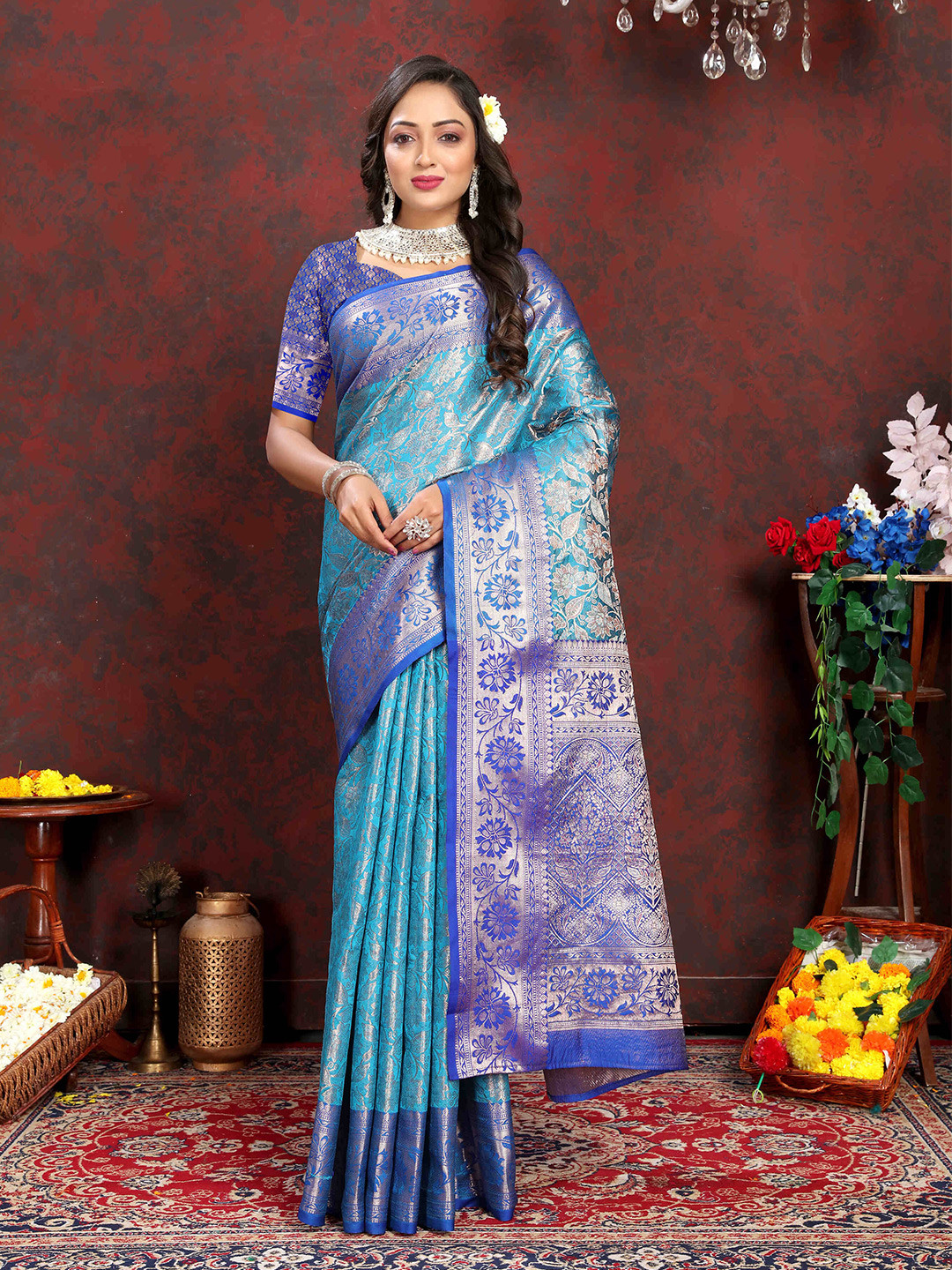 

PHEASANT Woven Design Zari Silk Blend Kanjeevaram Saree, Turquoise blue