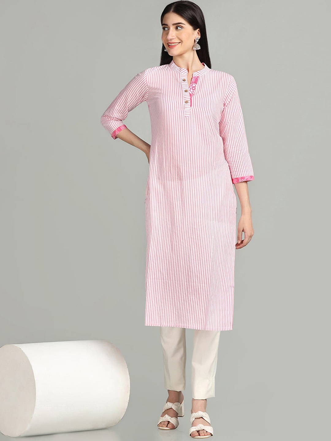 

Saanjh Striped Mandarin Collar Indie Prints Straight Kurta, Pink