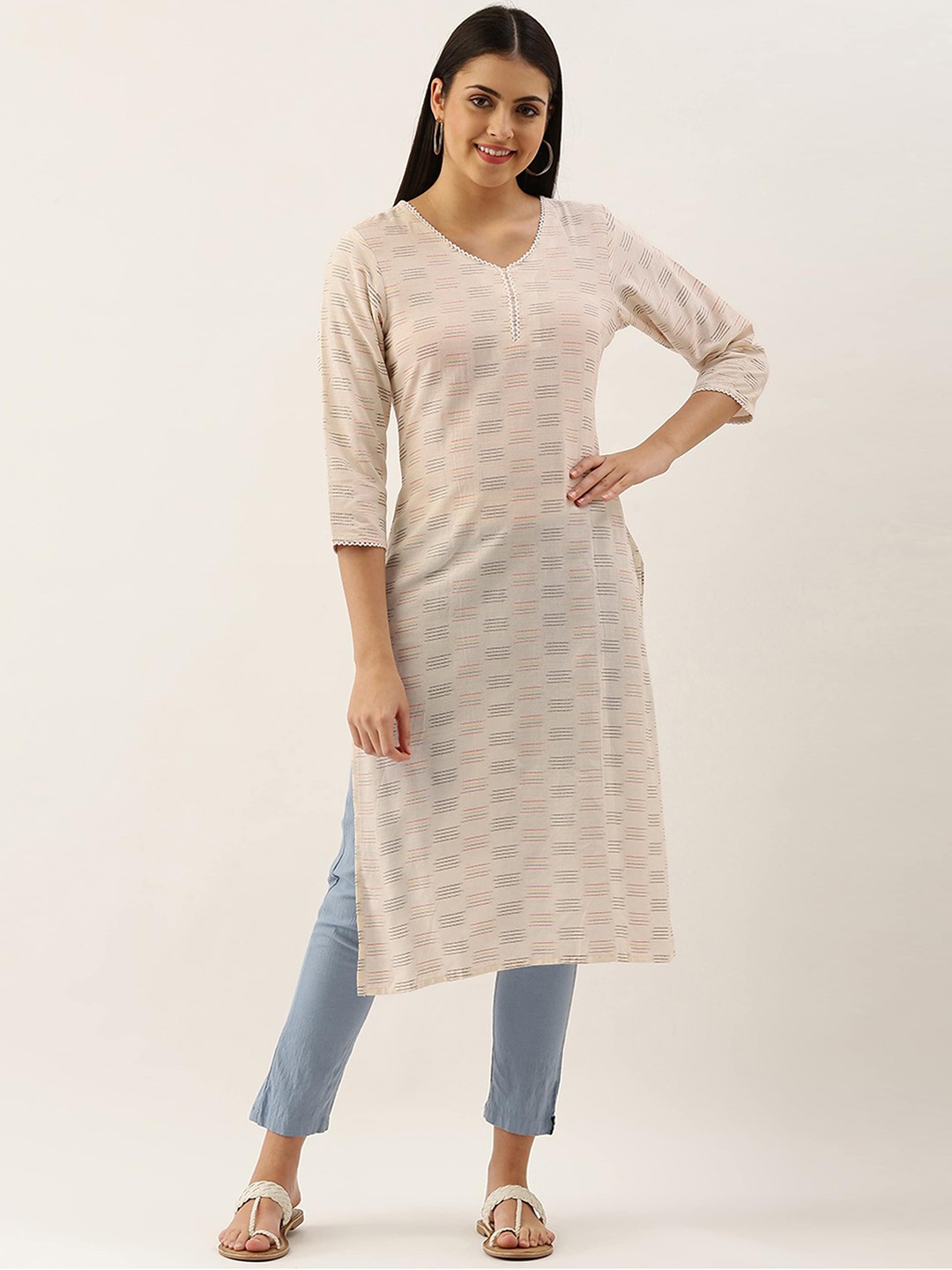 

Saanjh Striped Woven Design Regular Thread Work Straight Kurta, Off white