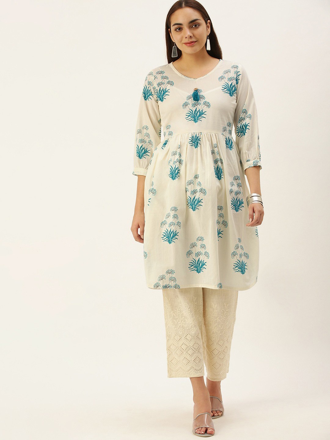

Saanjh Floral Printed Round Neck Thread Work Regular A-Line Kurta, Off white