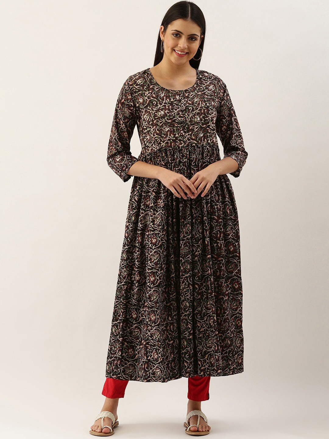 

Saanjh Women Ethnic Motifs Printed Round Neck Sequinned Indie Prints Anarkali Kurta, Black