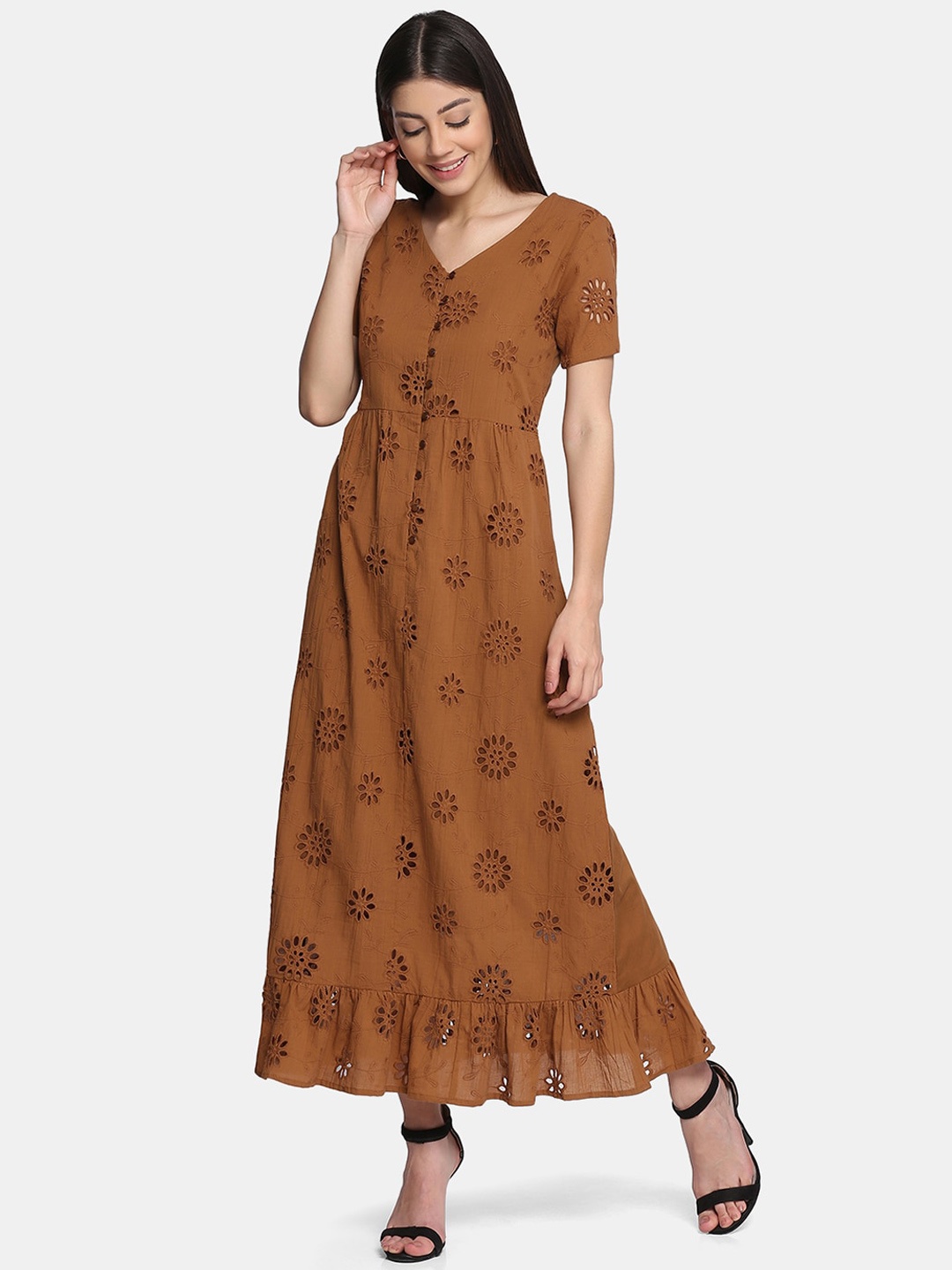

Saanjh Floral Chikankari Indie Prints A-Line Maxi Dress, Brown