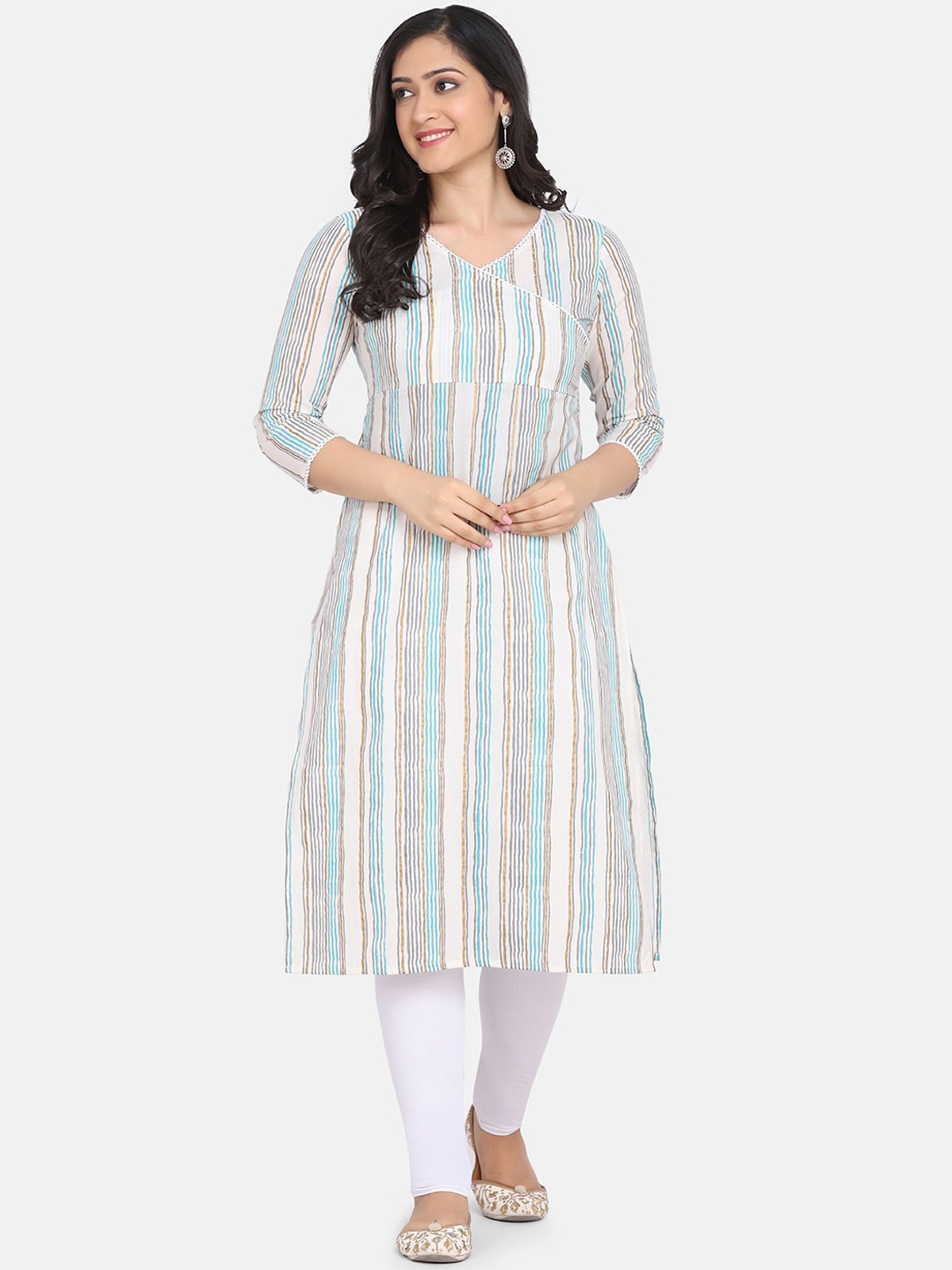 

Saanjh Striped Printed V Neck Indie Prints A-Line Kurta, Grey