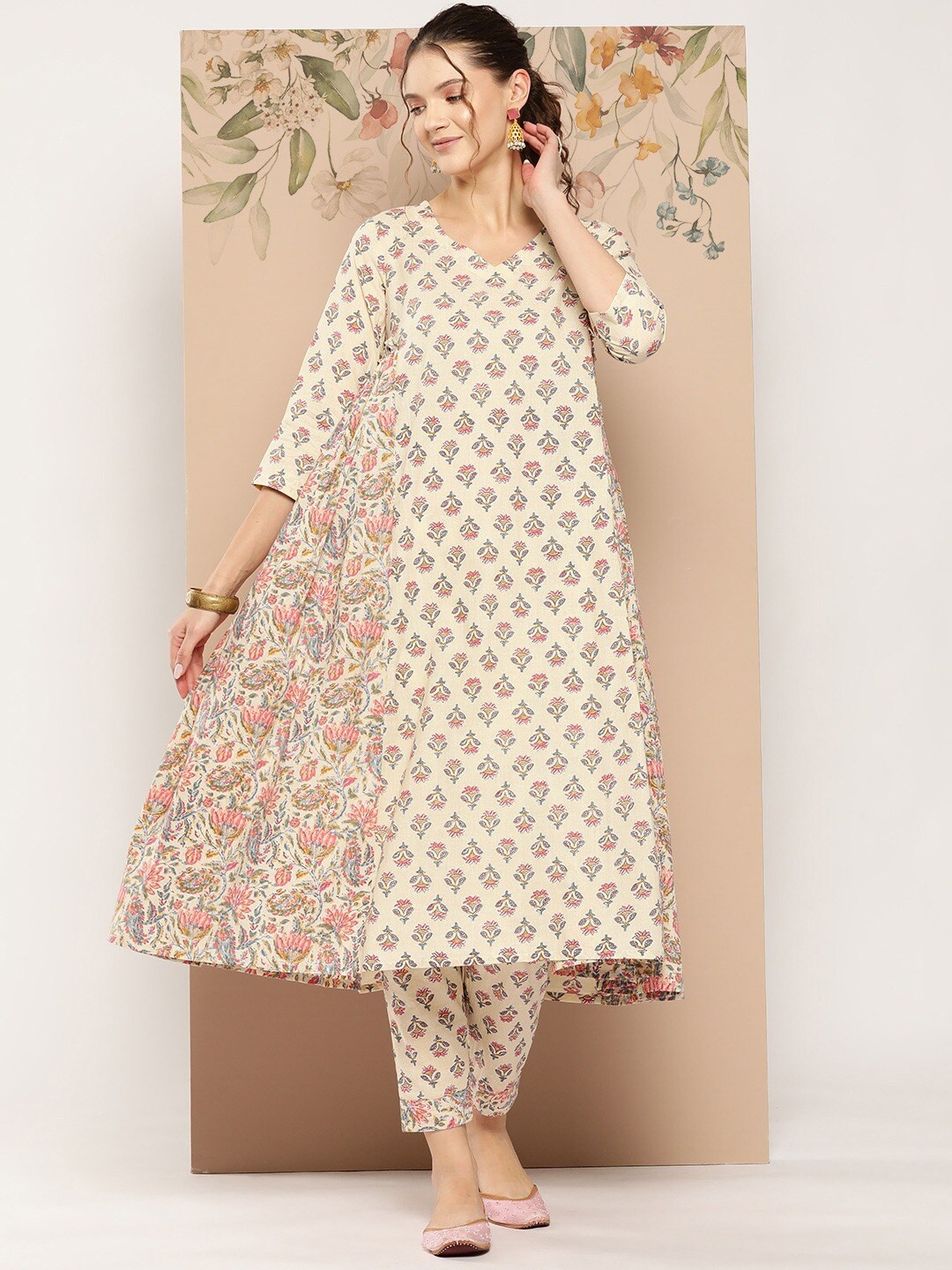 

Saanjh Women Floral Printed Regular Kurta with Trousers, Cream