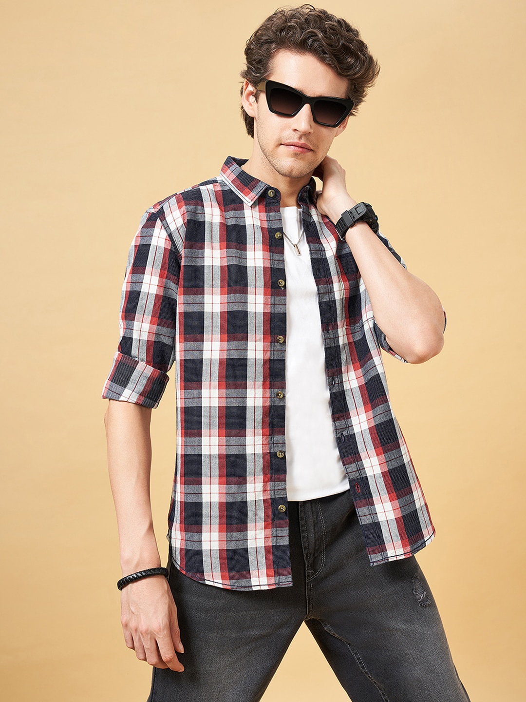 

SF JEANS by Pantaloons Spread Collar Long Sleeves Slim Fit Checked Cotton Casual Shirt, Rust