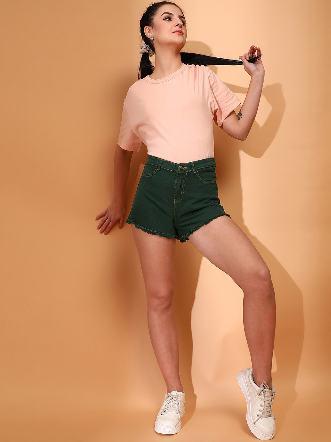 

TALES & STORIES Women Mid Rise Denim Shorts, Green
