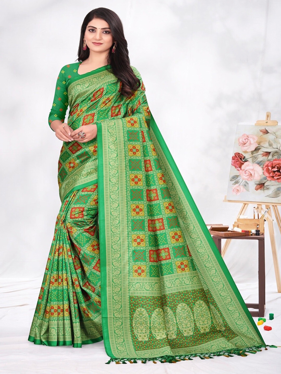 

ARYZE Bandhani Art Silk Saree, Green