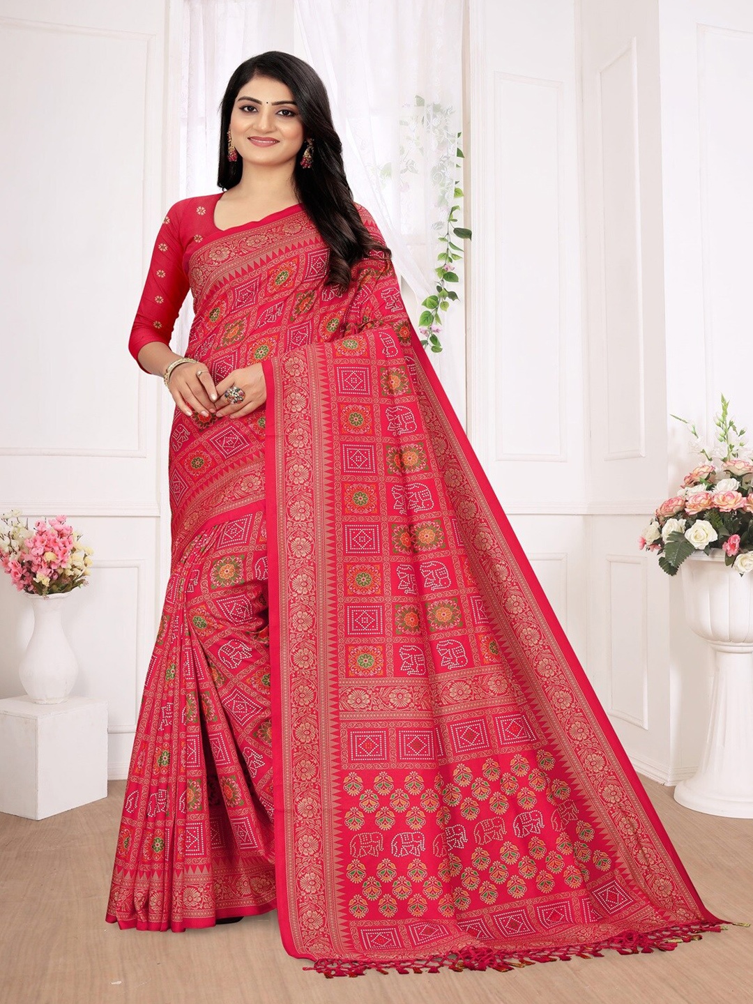 

ARYZE Bandhani Printed Saree, Pink