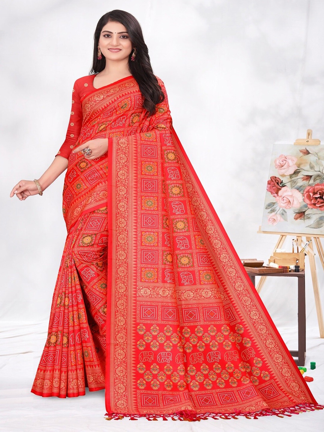 

ARYZE Bandhani Art Silk Saree, Red