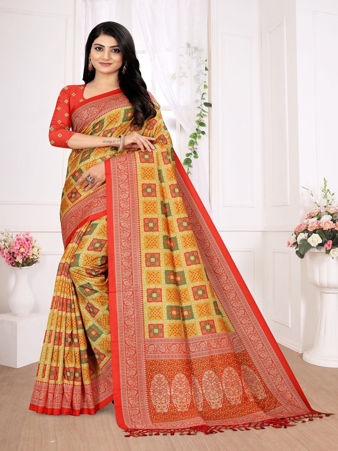 

ARYZE Bandhani Art Silk Saree, Mustard