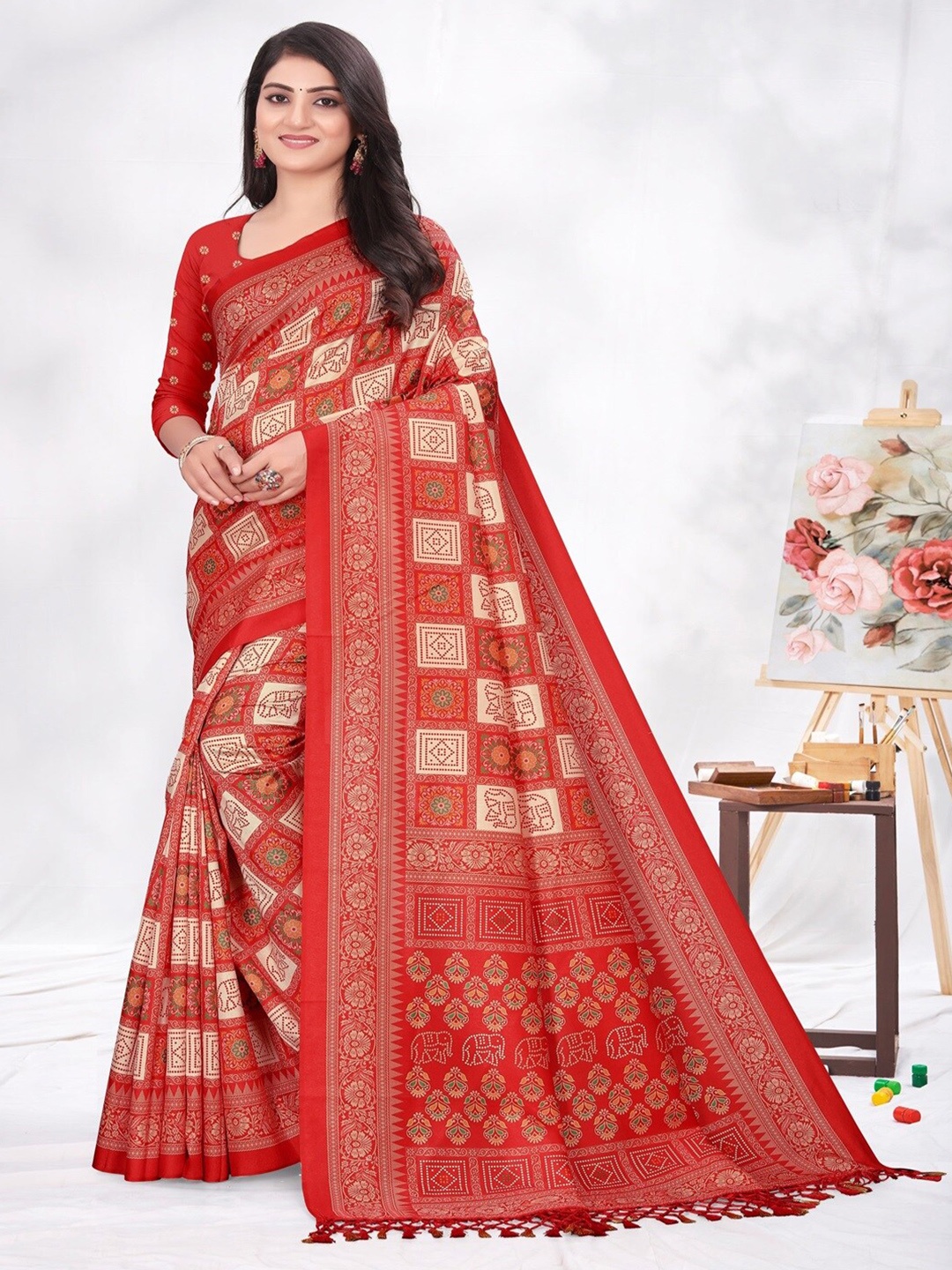 

ARYZE Bandhani Art Silk Saree, Cream