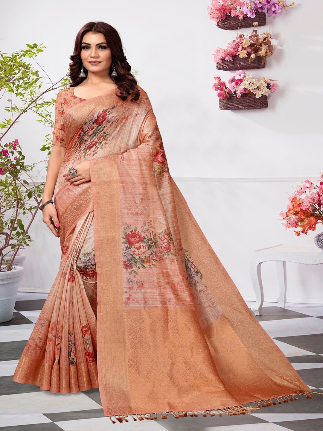 

ARYZE Floral Zari Silk Blend Saree, Rust