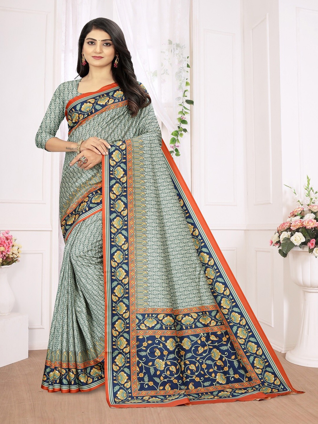 

ARYZE Ethnic Motifs Silk Blend Saree, Blue