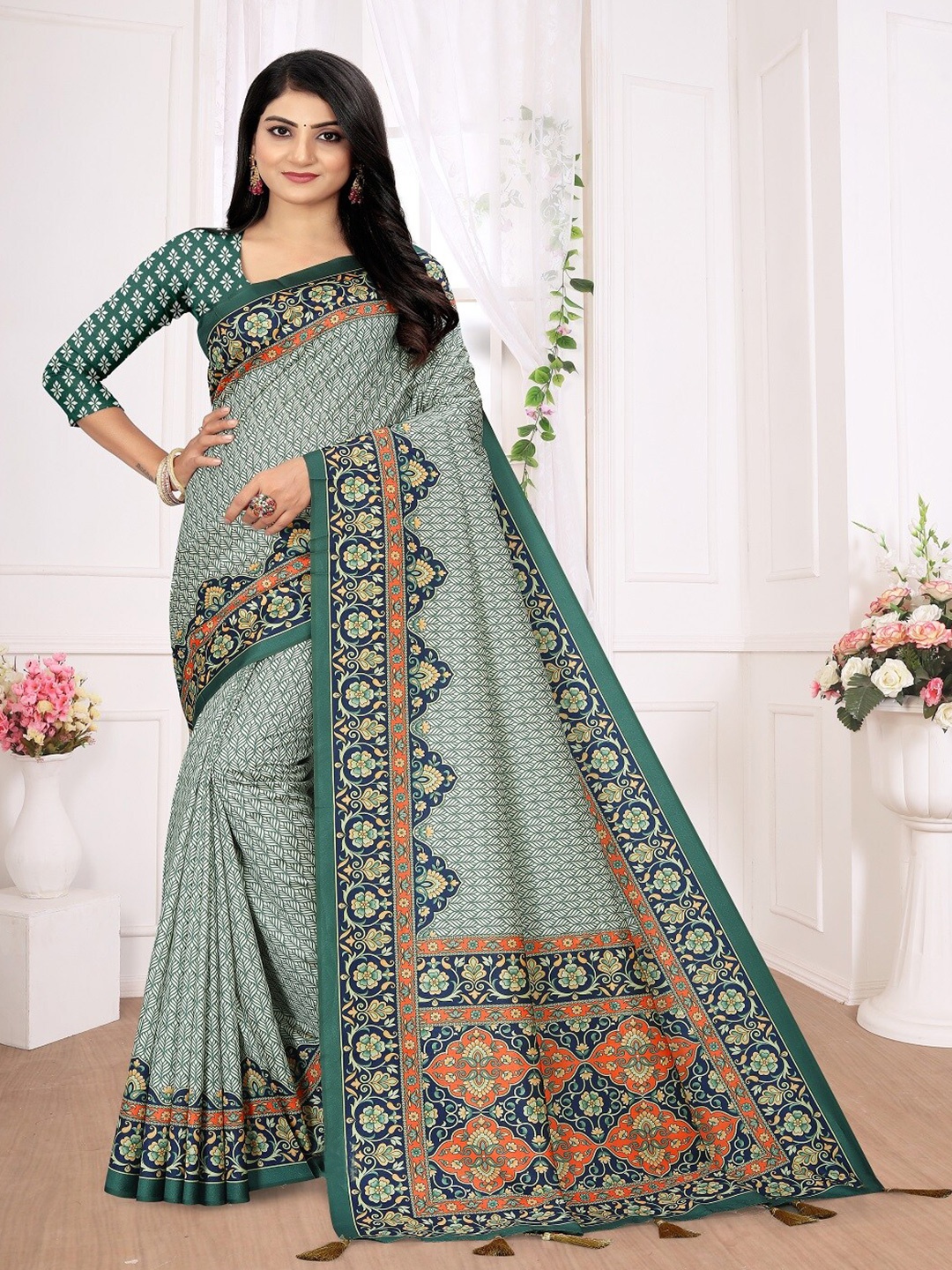 

ARYZE Ethnic Motifs Silk Blend Saree, Teal