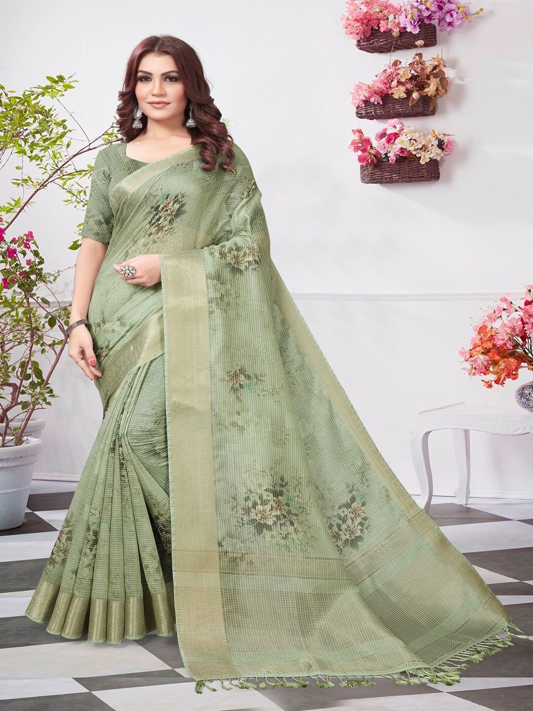 

ARYZE Ethnic Motifs Zari Silk Cotton Saree, Green