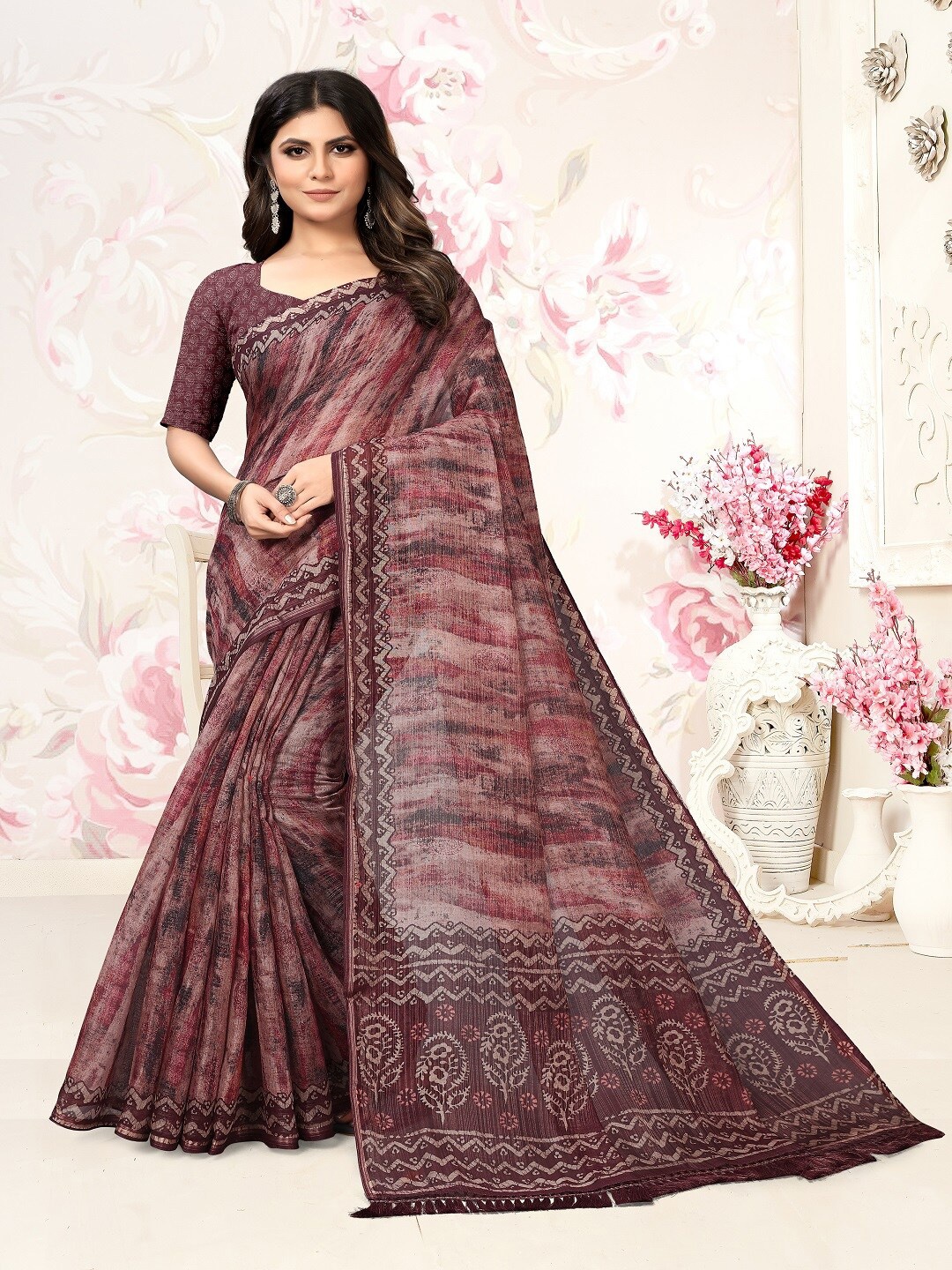 

ARYZE Ethnic Motifs Zari Silk Blend Saree, Purple