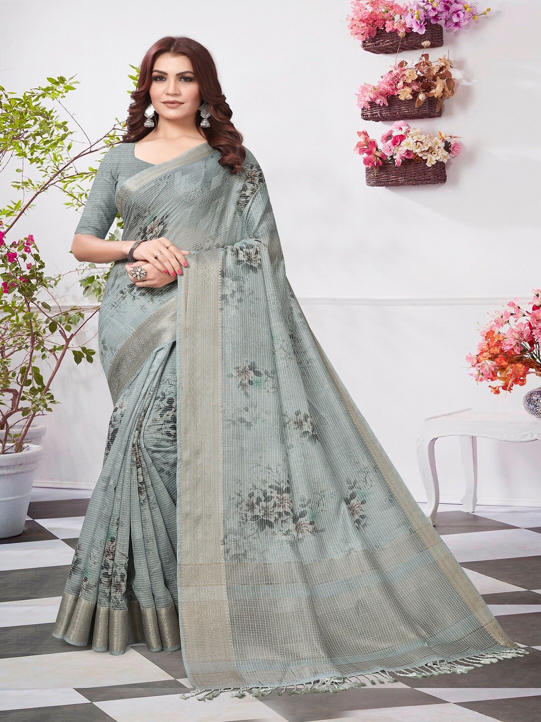 

ARYZE Ethnic Motifs Zari Silk Cotton Saree, Grey