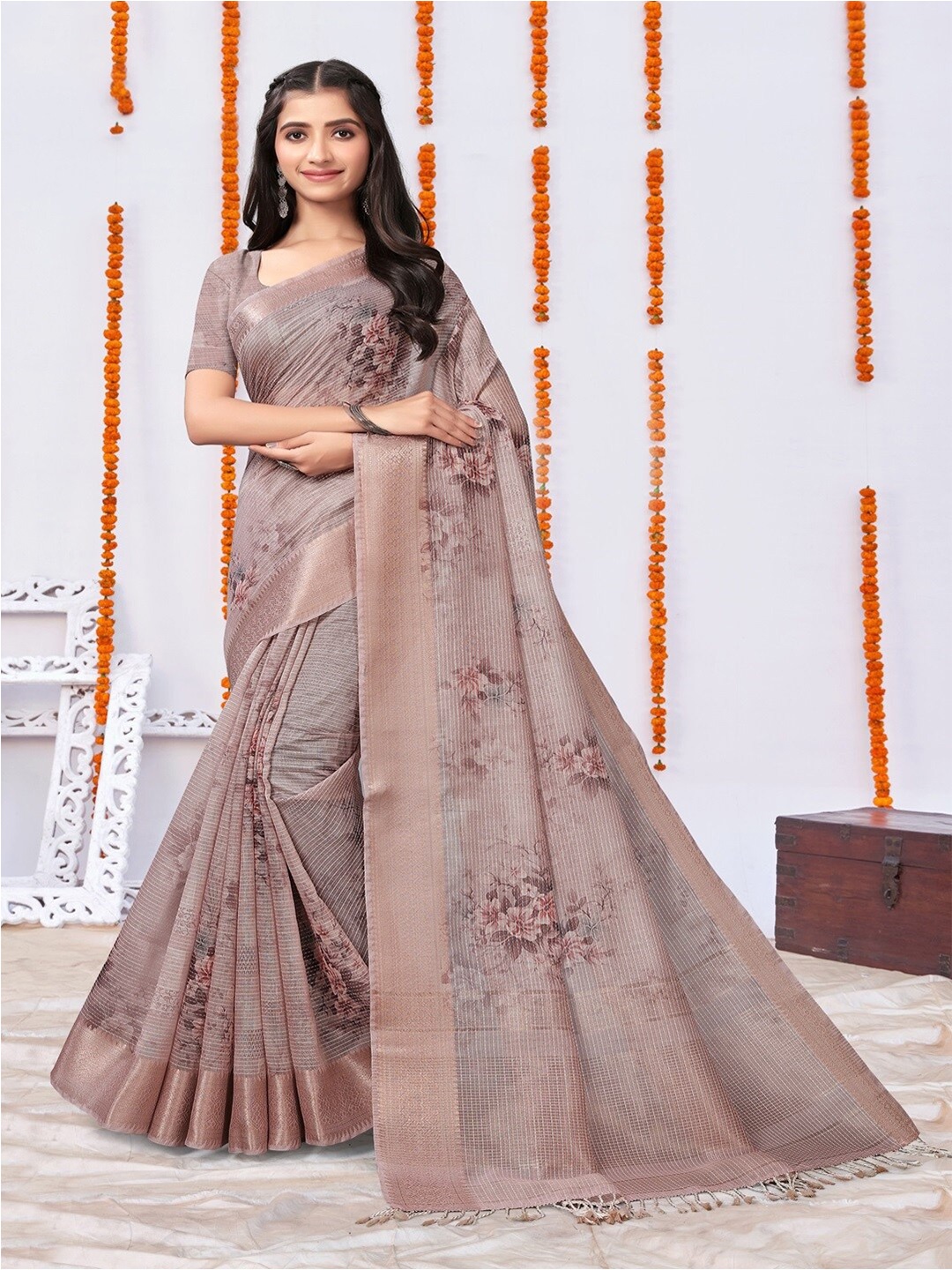 

ARYZE Ethnic Motifs Zari Silk Cotton Saree, Brown