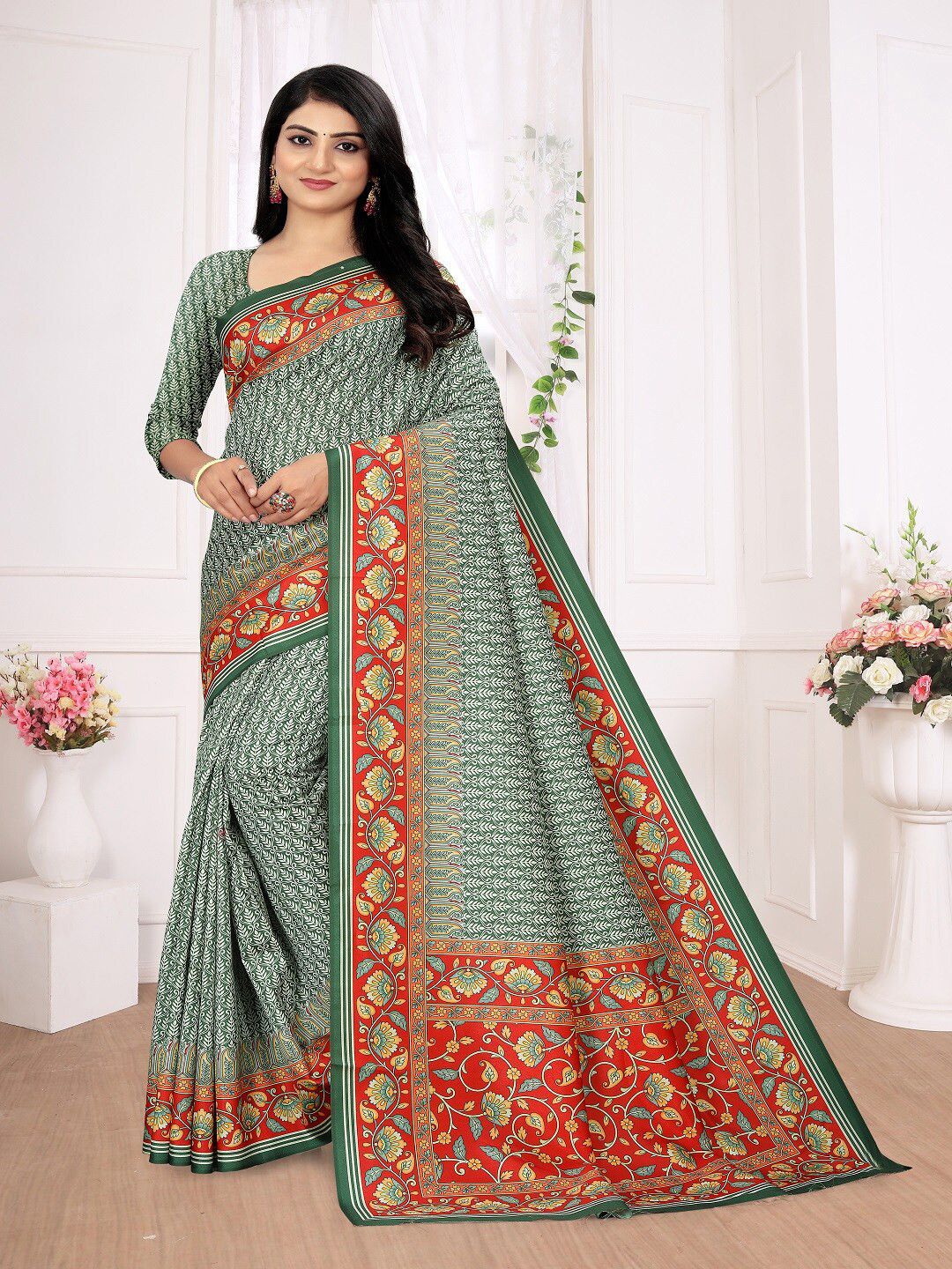 

ARYZE Ethnic Motifs Printed Saree, Green