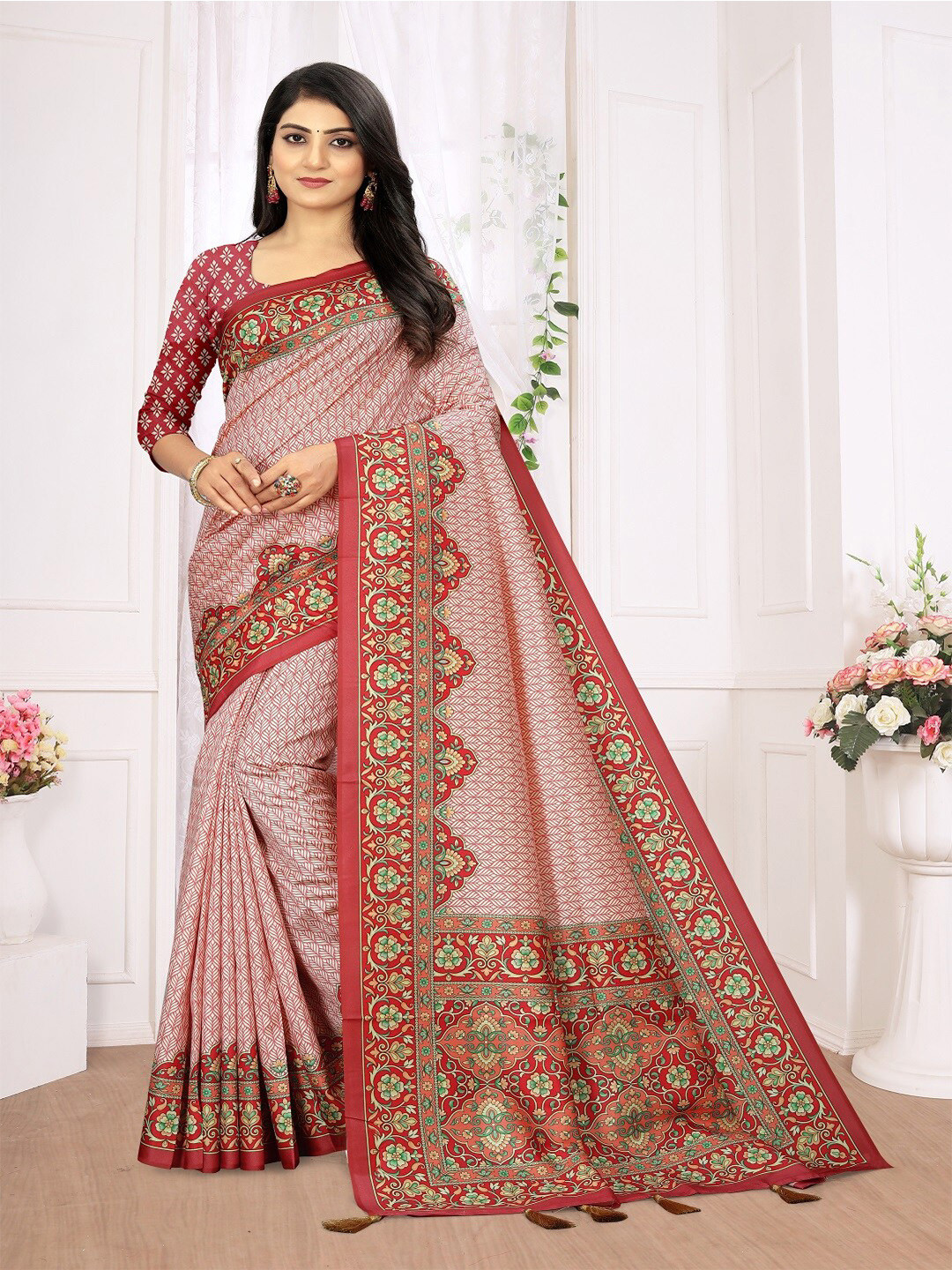 

ARYZE Ethnic Motifs Silk Blend Saree, Pink