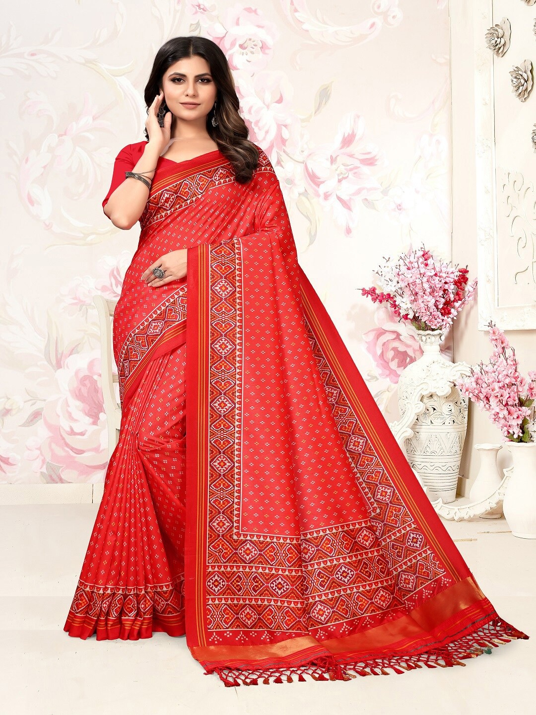 

ARYZE Ethnic Motifs Printed Cotton Silk Zari Saree, Red