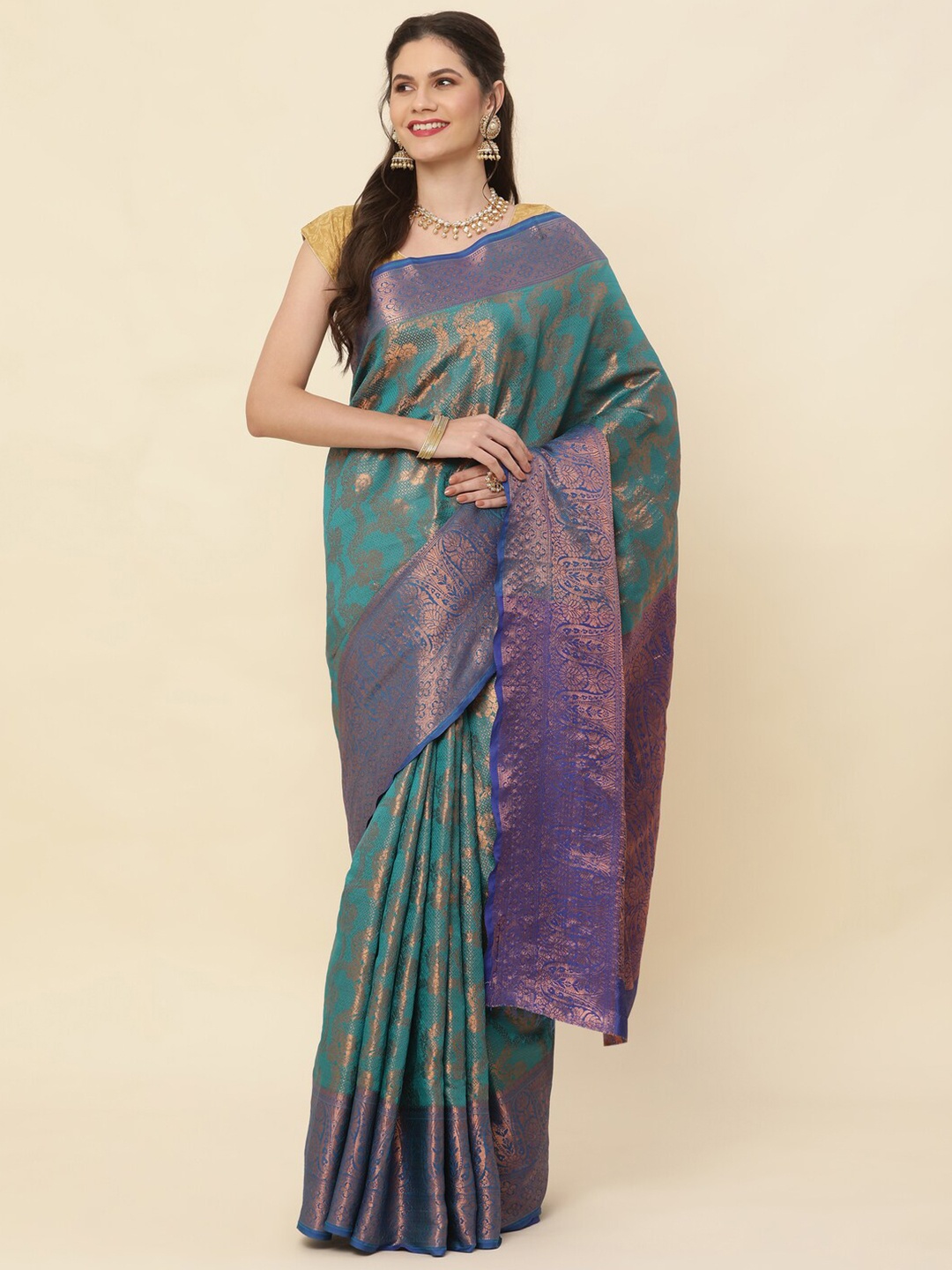 

Sorathiya Enterprise Woven Design Zari Silk Blend Kanjeevaram Saree, Green