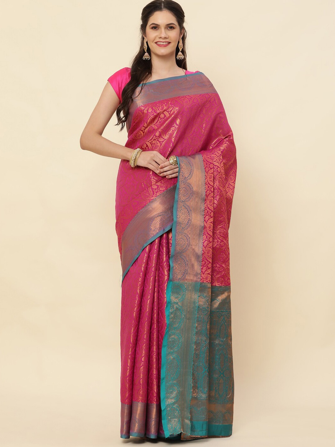 

Sorathiya Enterprise Ethnic Motifs Zari Silk Blend Kanjeevaram Saree, Pink