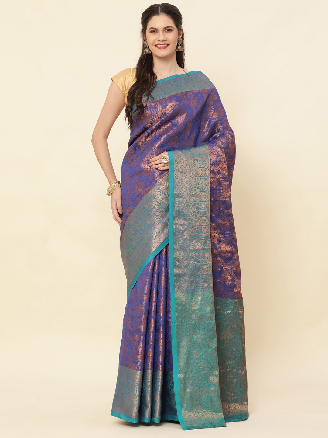 

Sorathiya Enterprise Ethnic Motifs Zari Silk Blend Kanjeevaram Saree, Navy blue