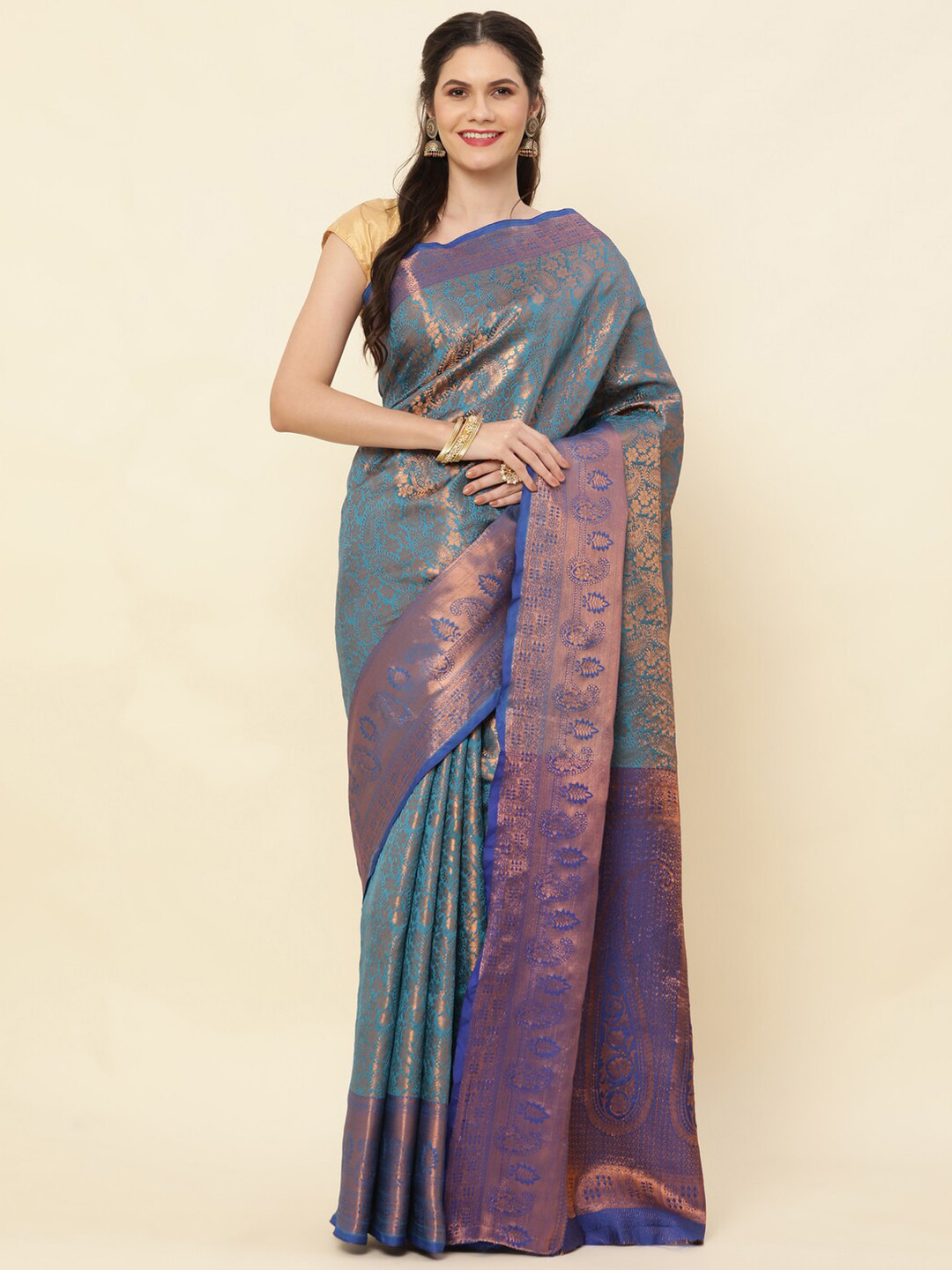 

Sorathiya Enterprise Woven Design Zari Pure Silk Kanjeevaram Saree, Blue