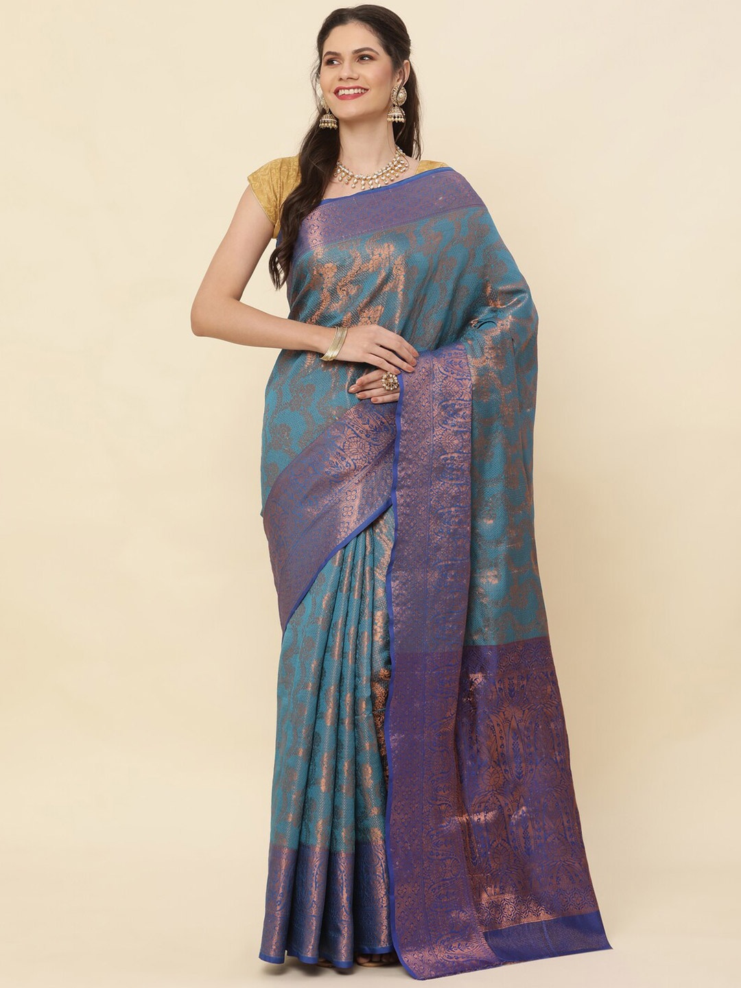 

Sorathiya Enterprise Woven Design Zari Silk Blend Kanjeevaram Saree, Blue