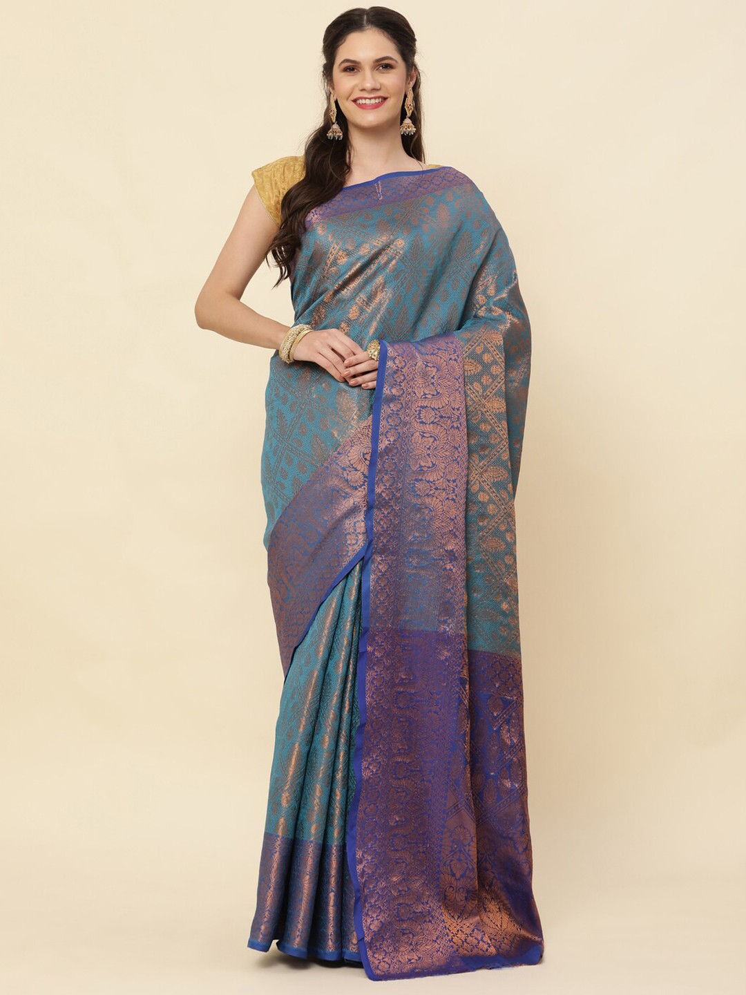 

Sorathiya Enterprise Woven Design Zari Pure Silk Kanjeevaram Saree, Blue