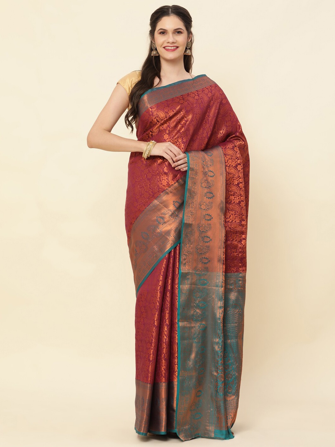 

Sorathiya Enterprise Woven Design Zari Pure Silk Kanjeevaram Saree, Maroon