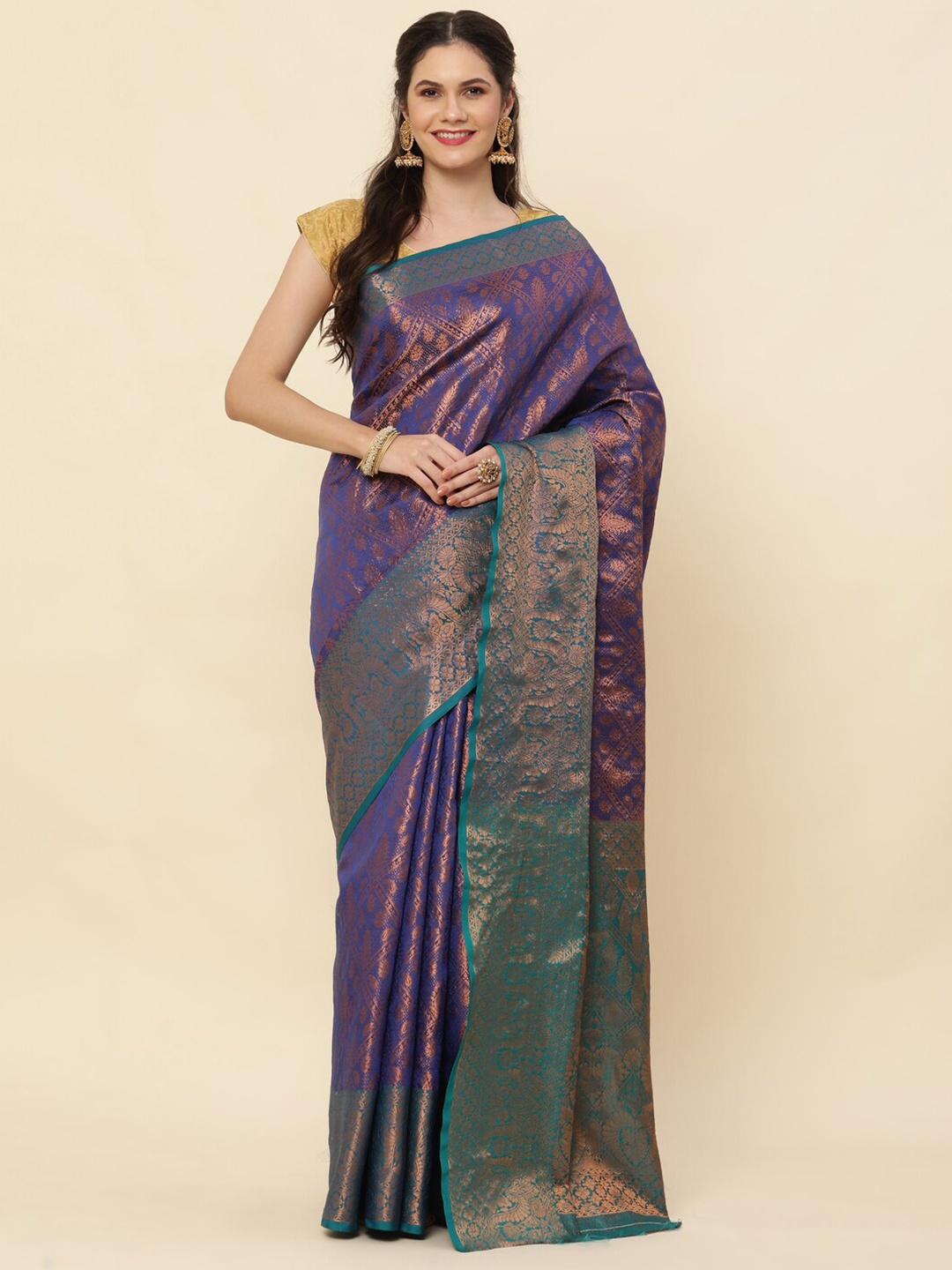 

Sorathiya Enterprise Ethnic Motifs Zari Pure Silk Kanjeevaram Saree, Navy blue