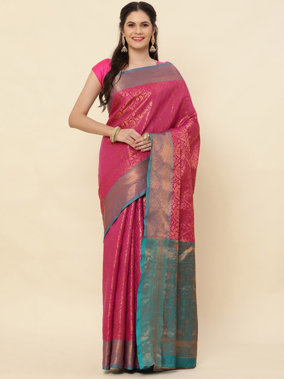 

Sorathiya Enterprise Woven Design Zari Silk Blend Kanjeevaram Saree, Pink