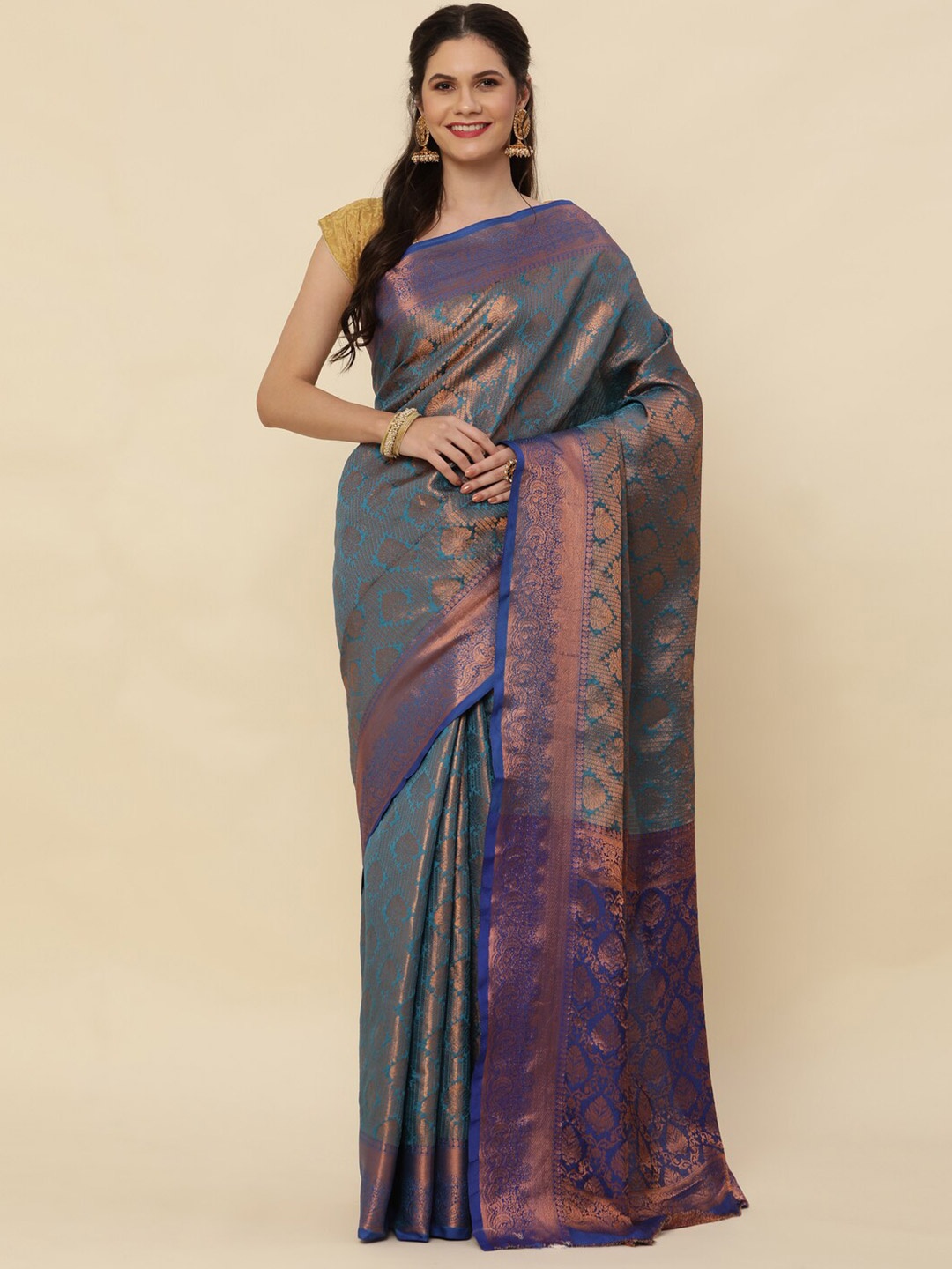 

Sorathiya Enterprise Woven Design Zari Pure Silk Kanjeevaram Saree, Blue