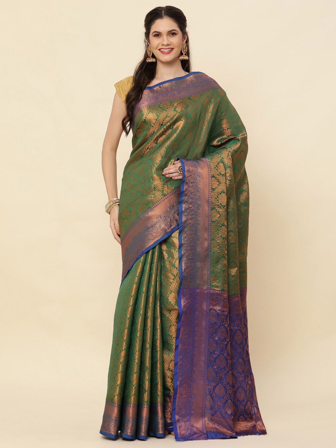 

Sorathiya Enterprise Woven Design Zari Pure Silk Kanjeevaram Saree, Green