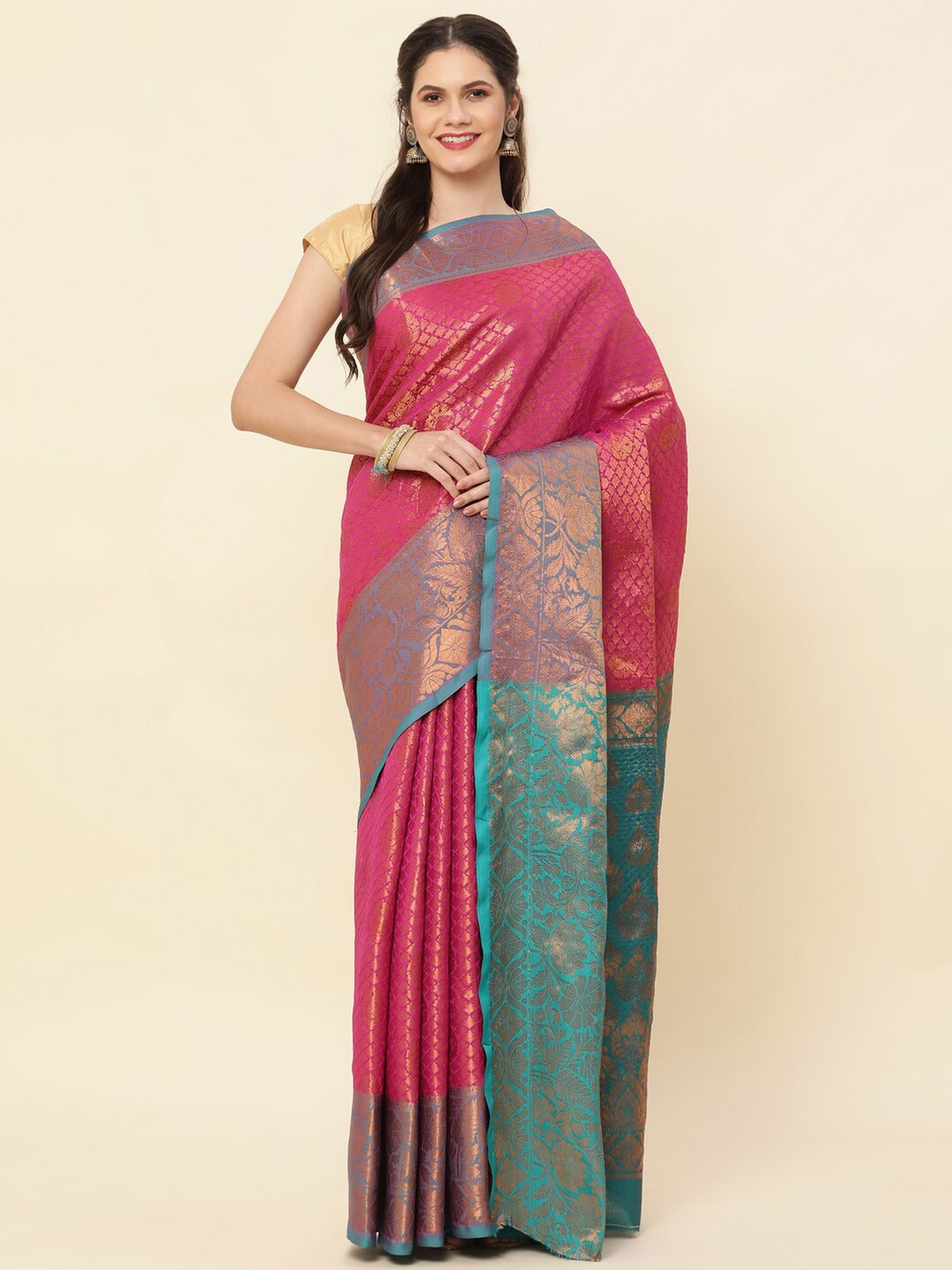 

Sorathiya Enterprise Ethnic Motifs Zari Pure Silk Kanjeevaram Saree, Pink