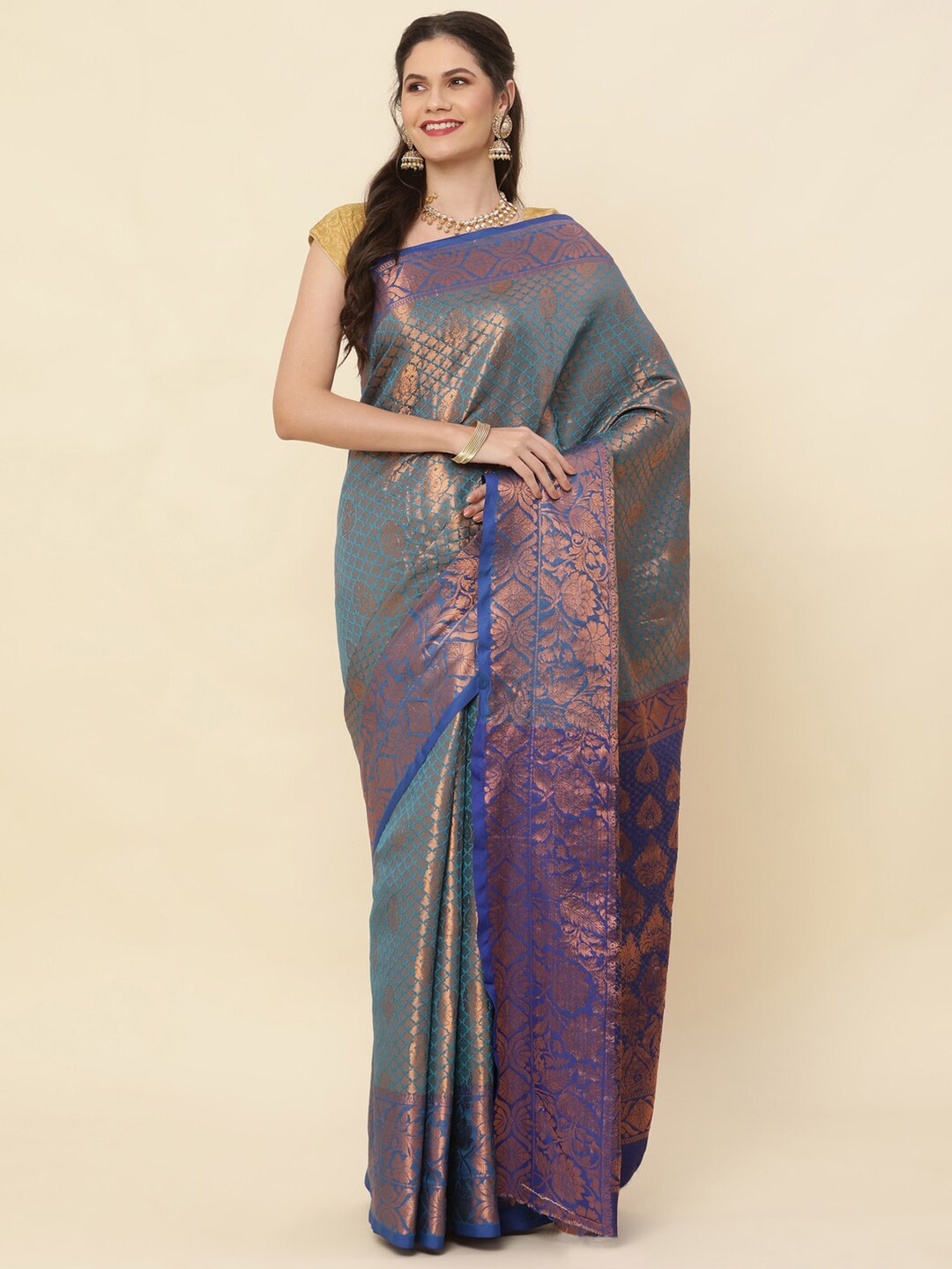 

Sorathiya Enterprise Woven Design Zari Pure Silk Kanjeevaram Saree, Blue