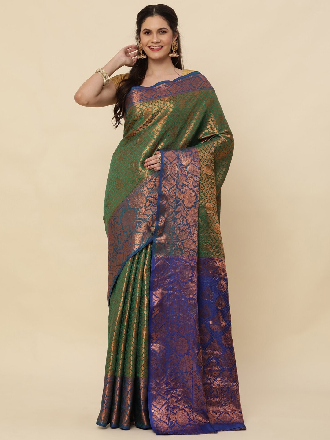 

Sorathiya Enterprise Woven Design Zari Pure Silk Kanjeevaram Saree, Green