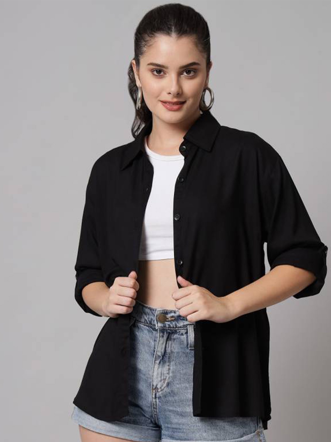 

Fab Star Classic Spread Collar Long Sleeves Casual Shirt, Black
