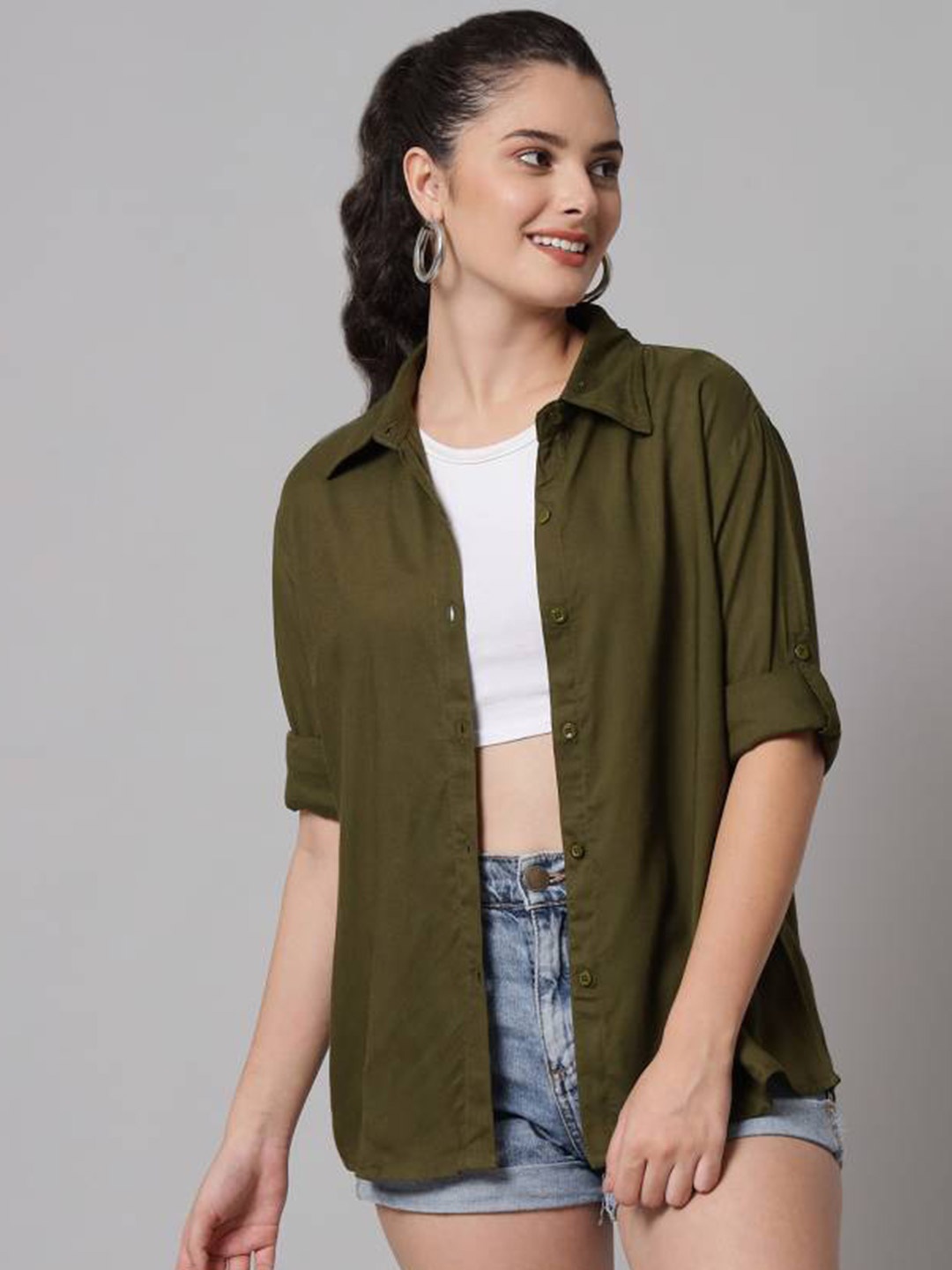 

Fab Star Classic Spread Collar Long Sleeves Casual Shirt, Green