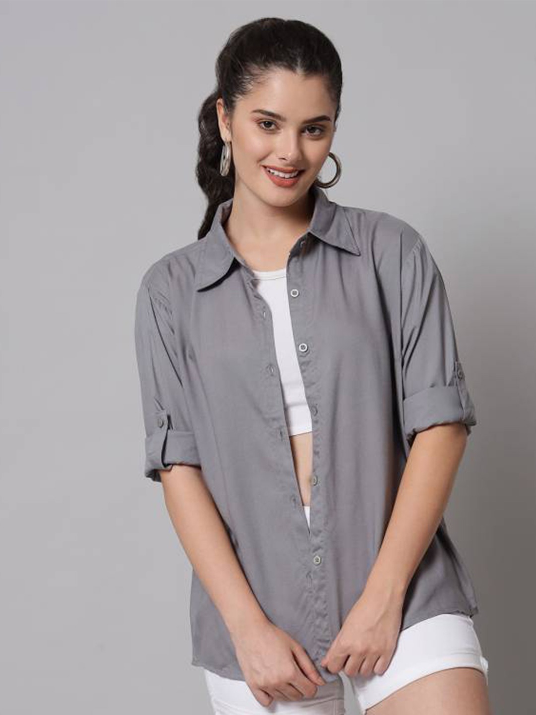 

Fab Star Classic Spread Collar Long Sleeves Casual Shirt, Grey