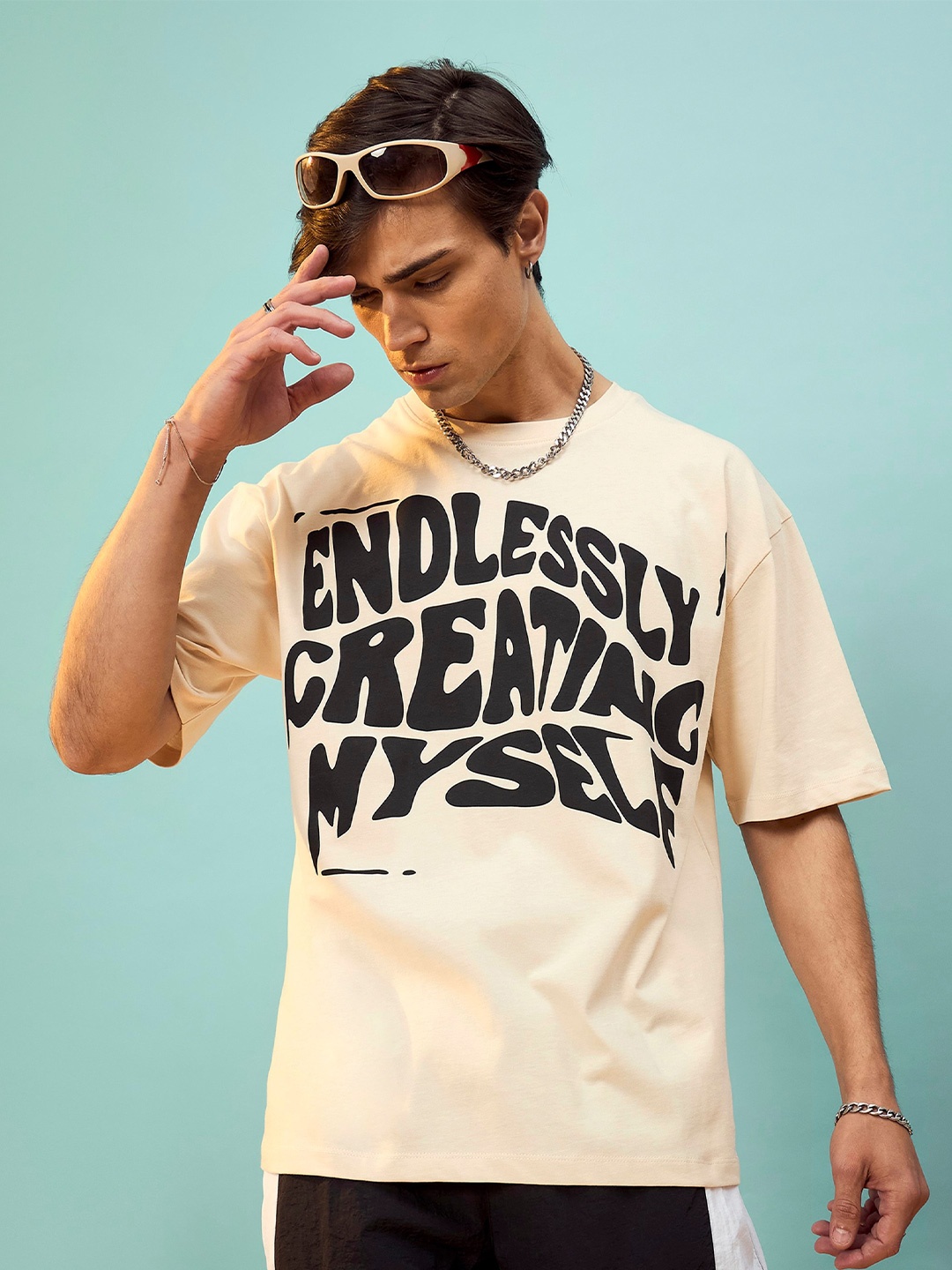 

MASCLN SASSAFRAS Unisex Beige Typography Printed Cotton Oversize T-shirt