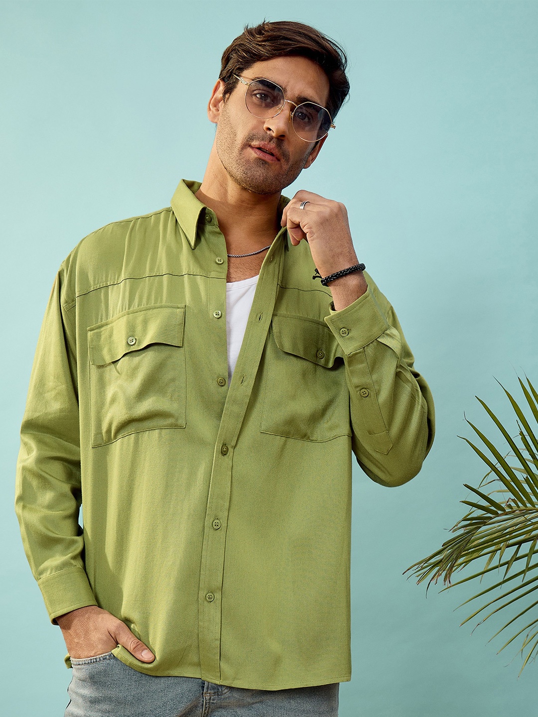 

MASCLN SASSAFRAS Green Relaxed Fit Twill Utility Pocket Oversize Shirt