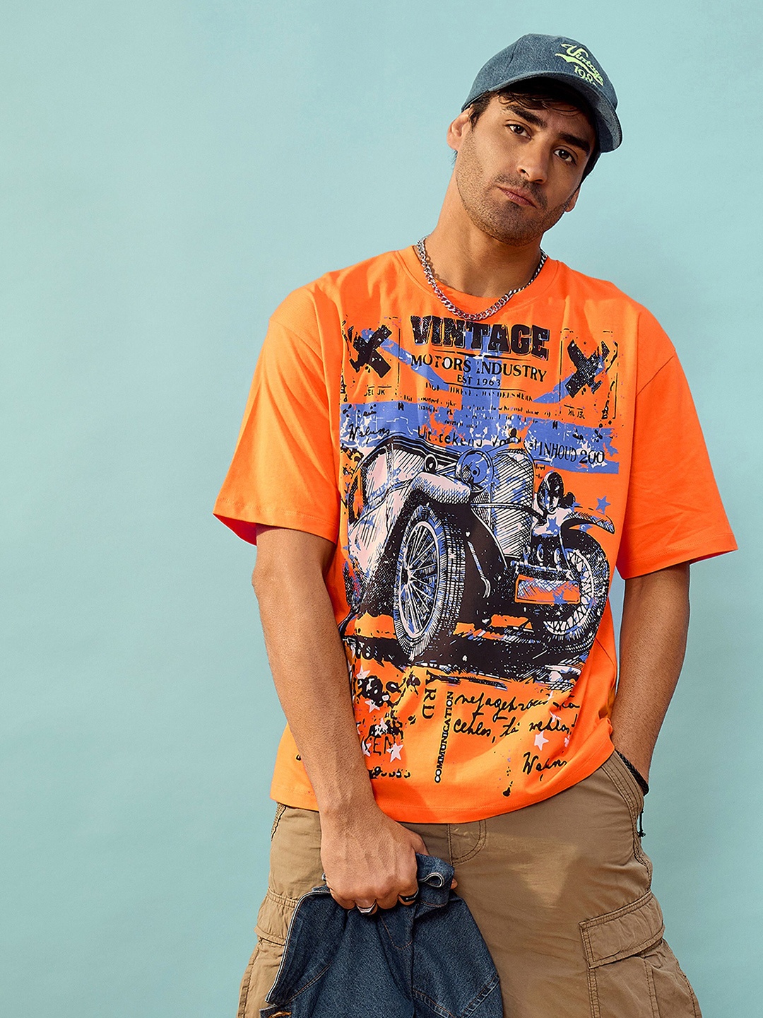 

MASCLN SASSAFRAS Unisex Oversized Biker Printed Cotton T-shirt, Orange