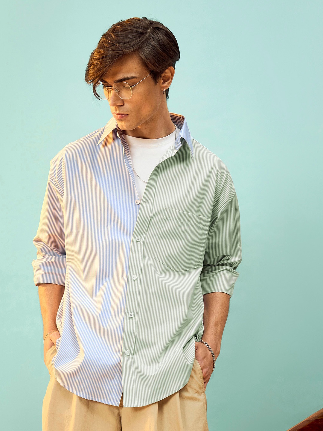 

MASCLN SASSAFRAS Blue Relaxed Striped Opaque Oversize Casual Shirt